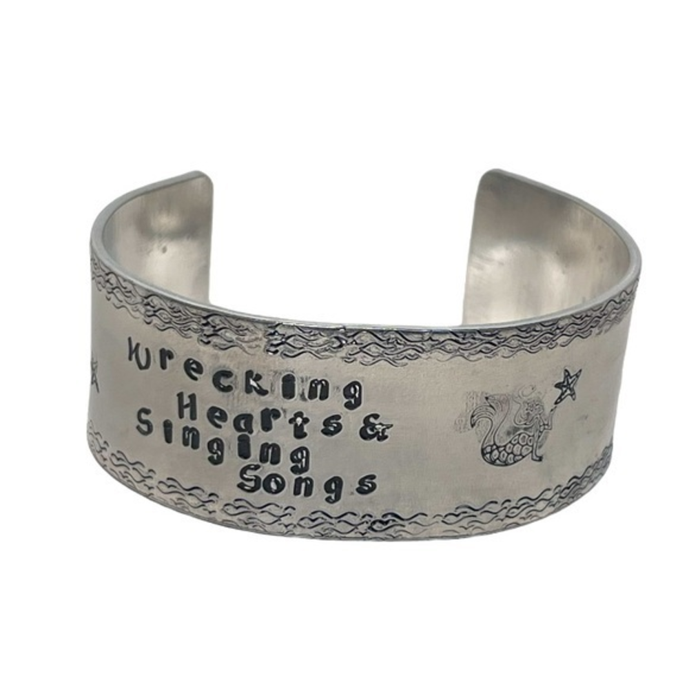 Handmade stamped mermaid silver adjustable 
hypoallergenic wide‎ cuff bracelet